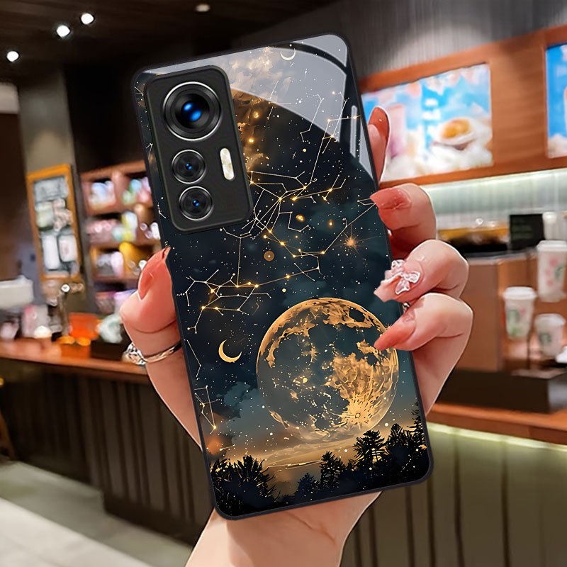 Xiaomi Redmi Note 13 - Redmi Note 15、14、13、12、11 PRO 5G、4G対応。濃い青色の月と星座の模様が描かれた、耐衝撃性に優れたガラス製スマートフォンケース。