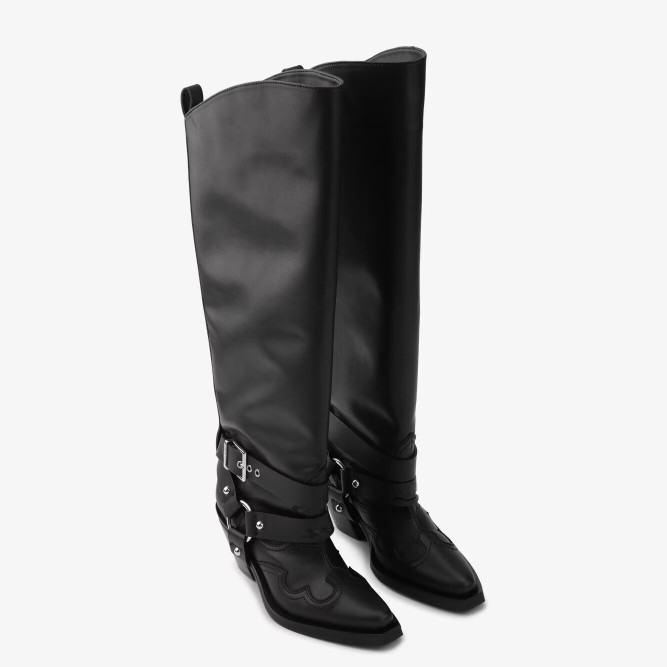 レディース ブラック レザー ニーハイ カウボーイブーツ バ - Leather Classic Strap のレビューと価格