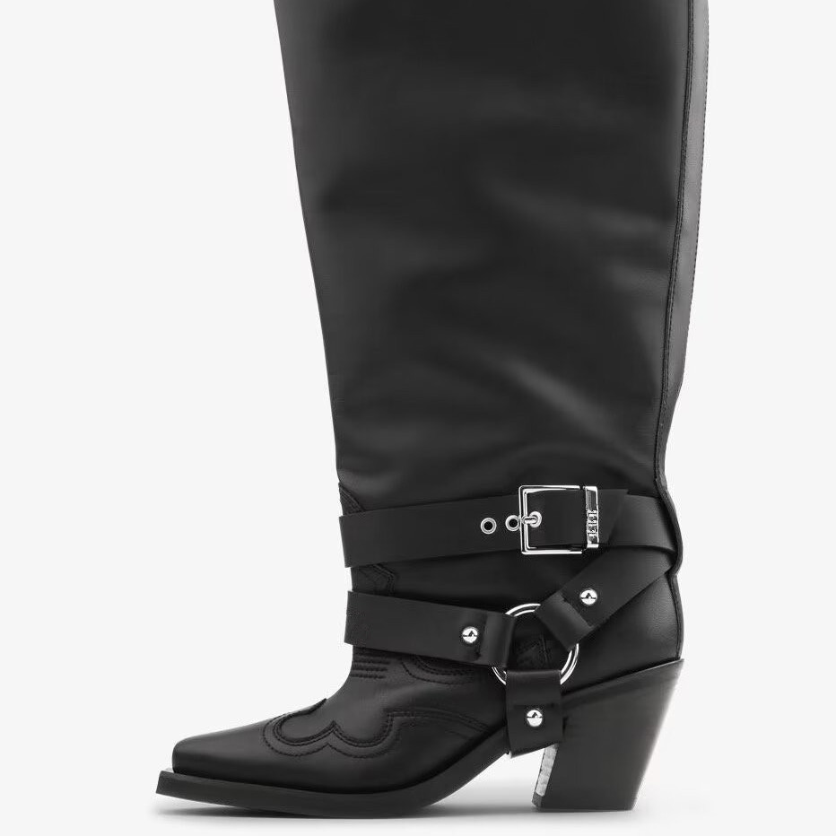 レディース ブラック レザー ニーハイ カウボーイブーツ バ - Leather Classic Strap のレビューと価格